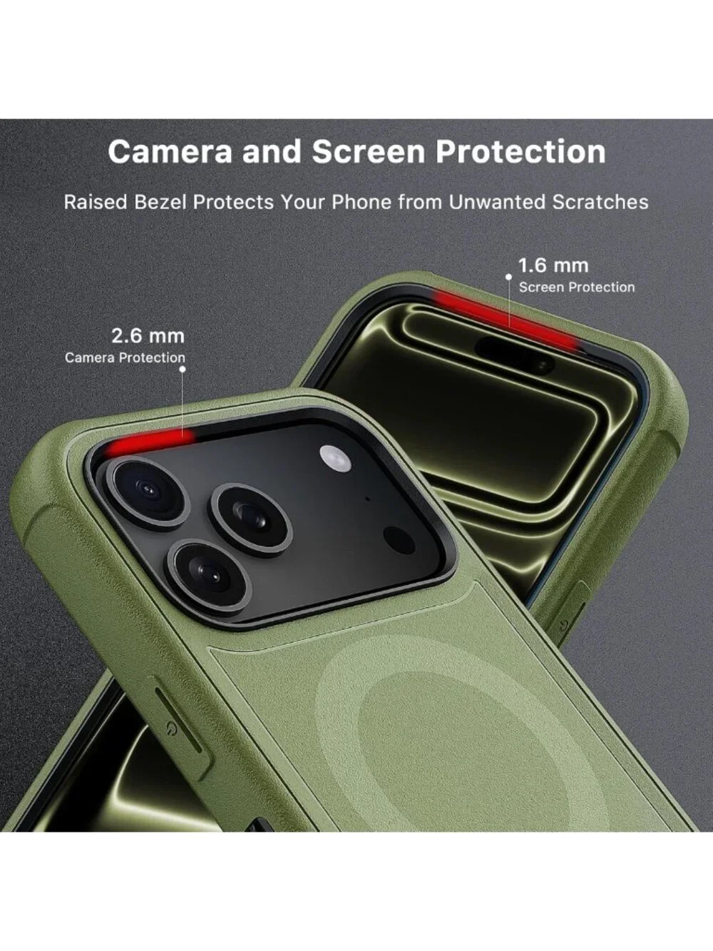 Army Green iPhone 17 Pro Max Case with Belt Clip, 360° Kickstand & Screen